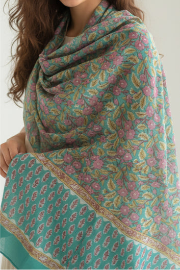 Bagru Hand Block Floral Printed Cotton Mulmul Dupatta