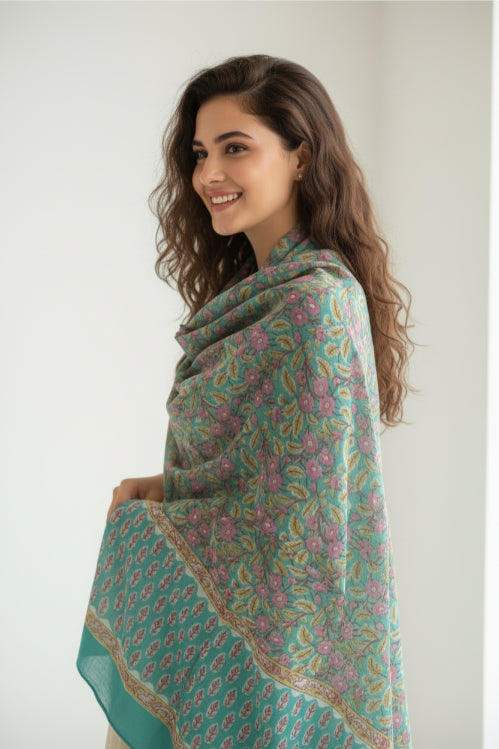 Bagru Hand Block Floral Printed Cotton Mulmul Dupatta