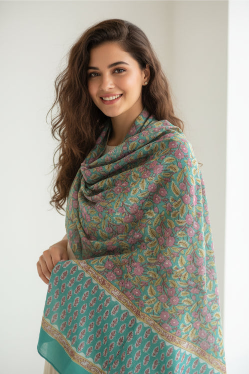 Bagru Hand Block Floral Printed Cotton Mulmul Dupatta