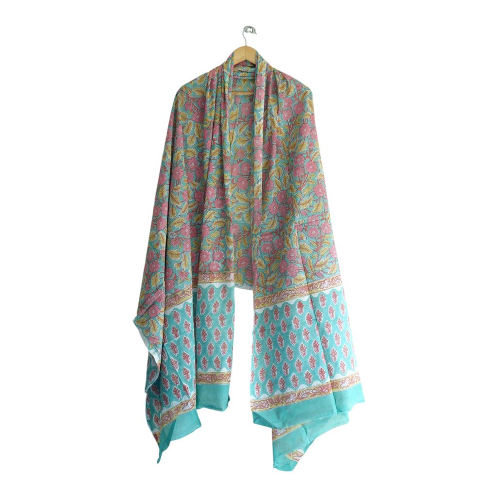 Bagru Hand Block Floral Printed Cotton Mulmul Dupatta