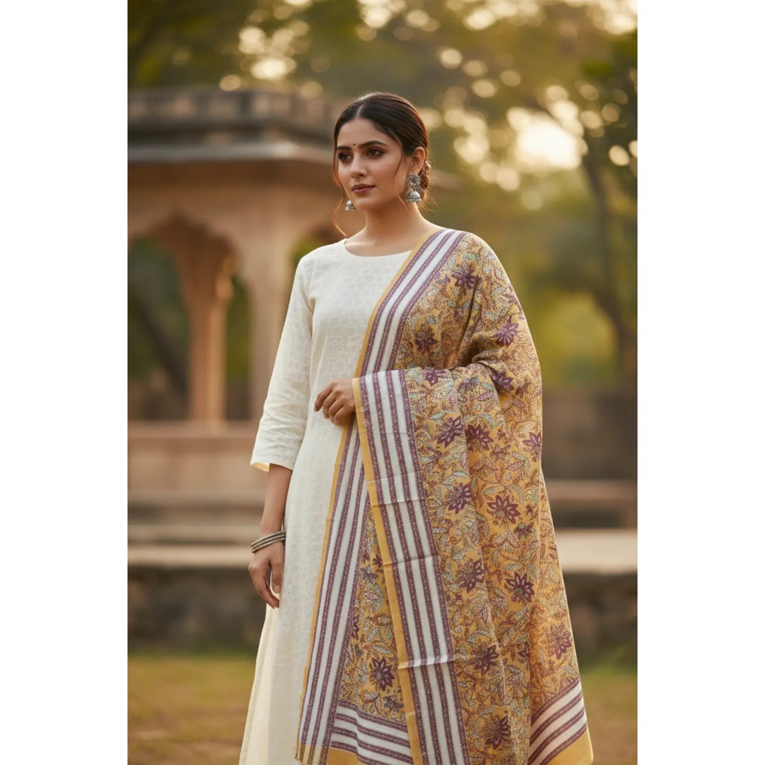 Bagru Hand Block Floral Printed Cotton Mulmul Dupatta