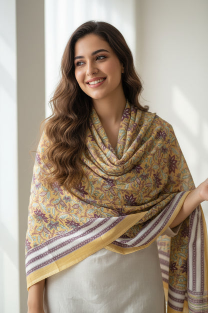 Bagru Hand Block Floral Printed Cotton Mulmul Dupatta