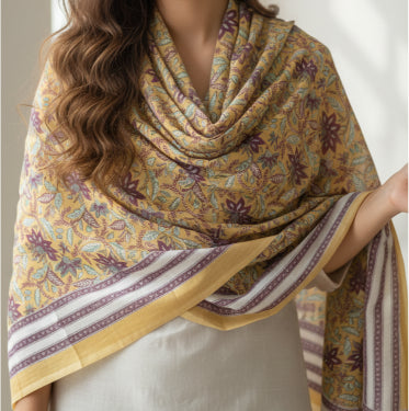 Bagru Hand Block Floral Printed Cotton Mulmul Dupatta