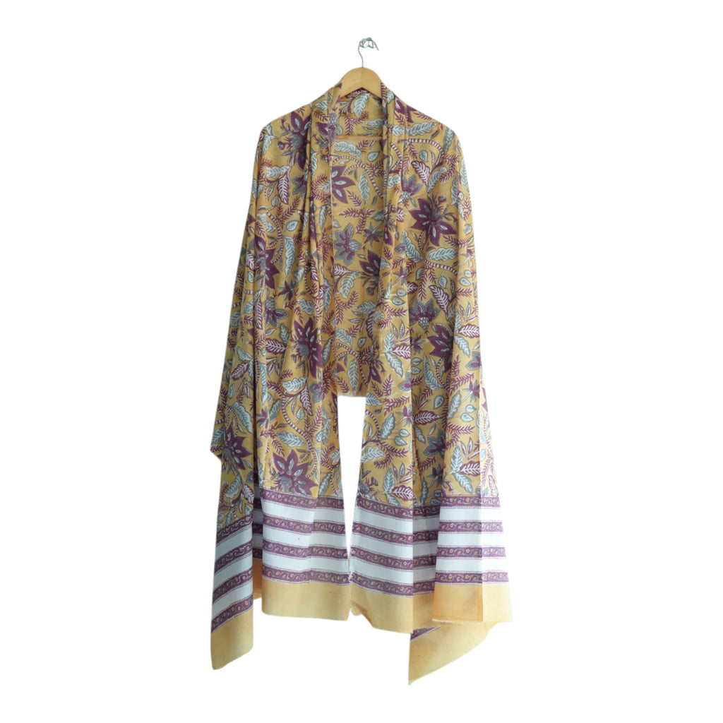 Bagru Hand Block Floral Printed Cotton Mulmul Dupatta