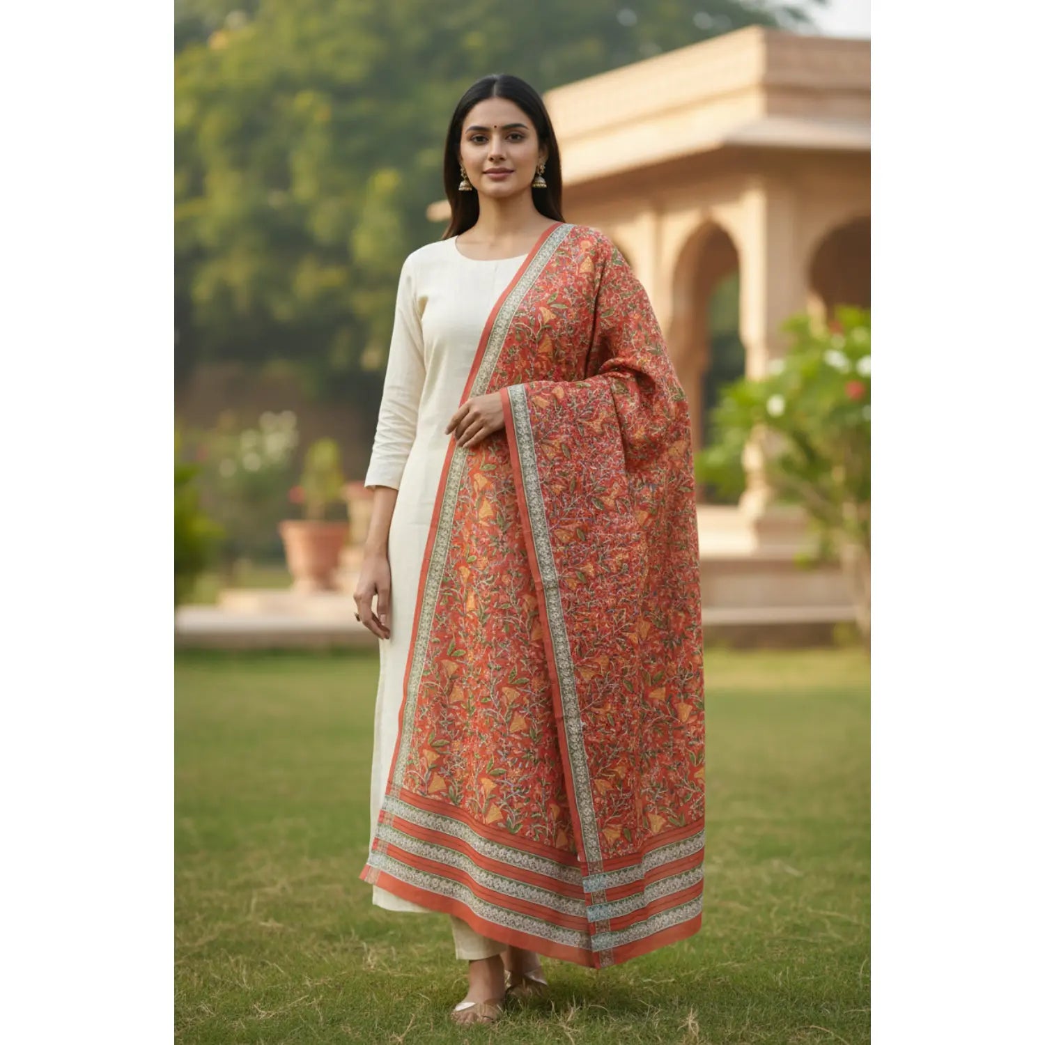 Bagru Hand Block Floral Printed Cotton Mulmul Dupatta