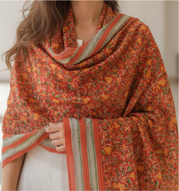 Bagru Hand Block Floral Printed Cotton Mulmul Dupatta