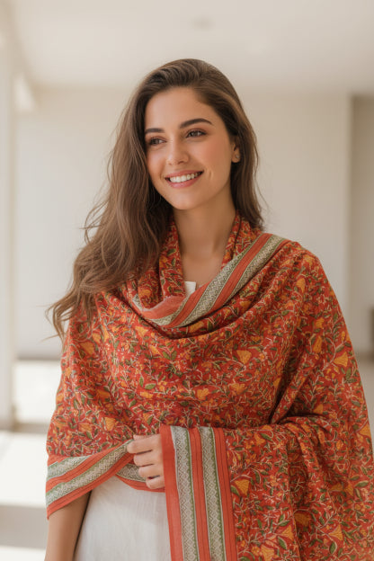 Bagru Hand Block Floral Printed Cotton Mulmul Dupatta