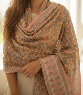 Bagru Hand Block Floral Printed Cotton Mulmul Dupatta