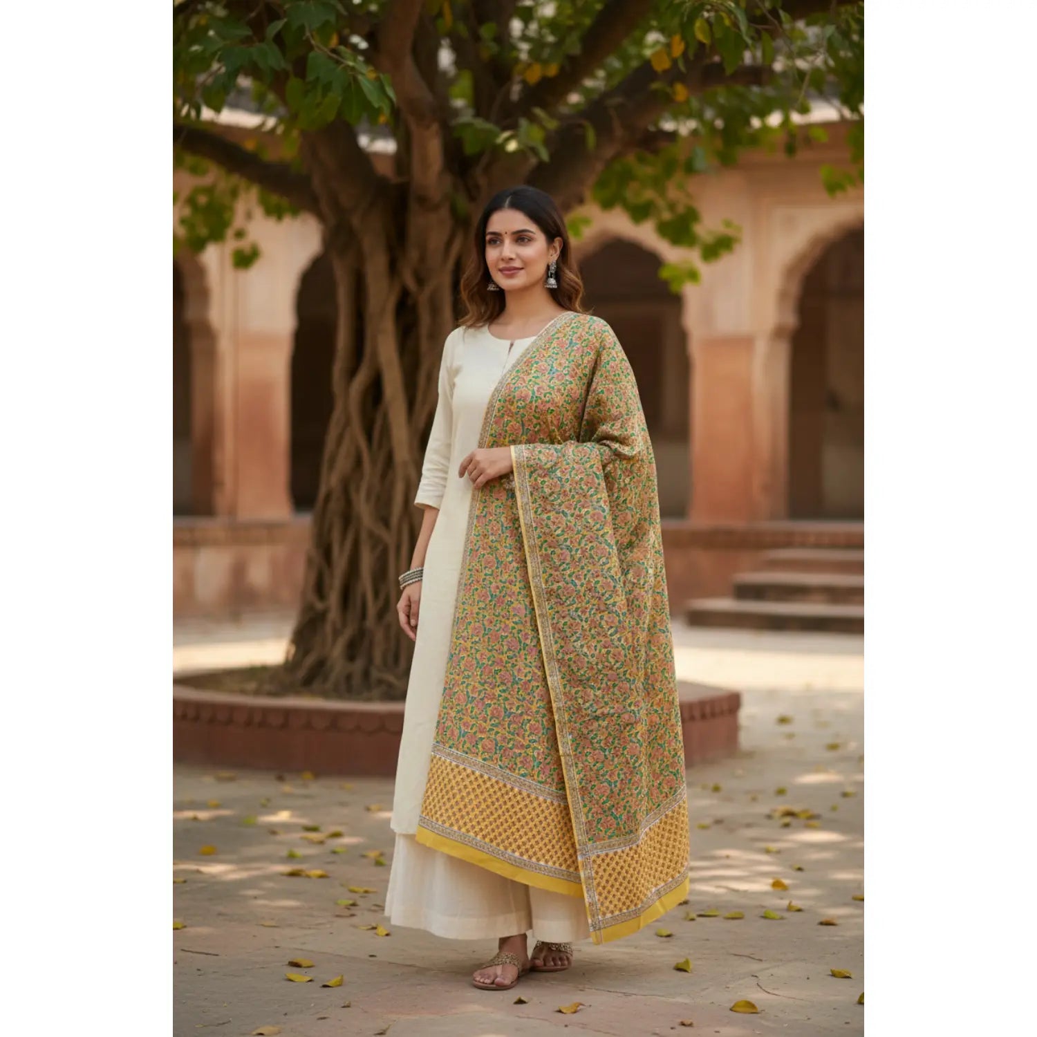 Bagru Hand Block Floral Printed Cotton Mulmul Dupatta