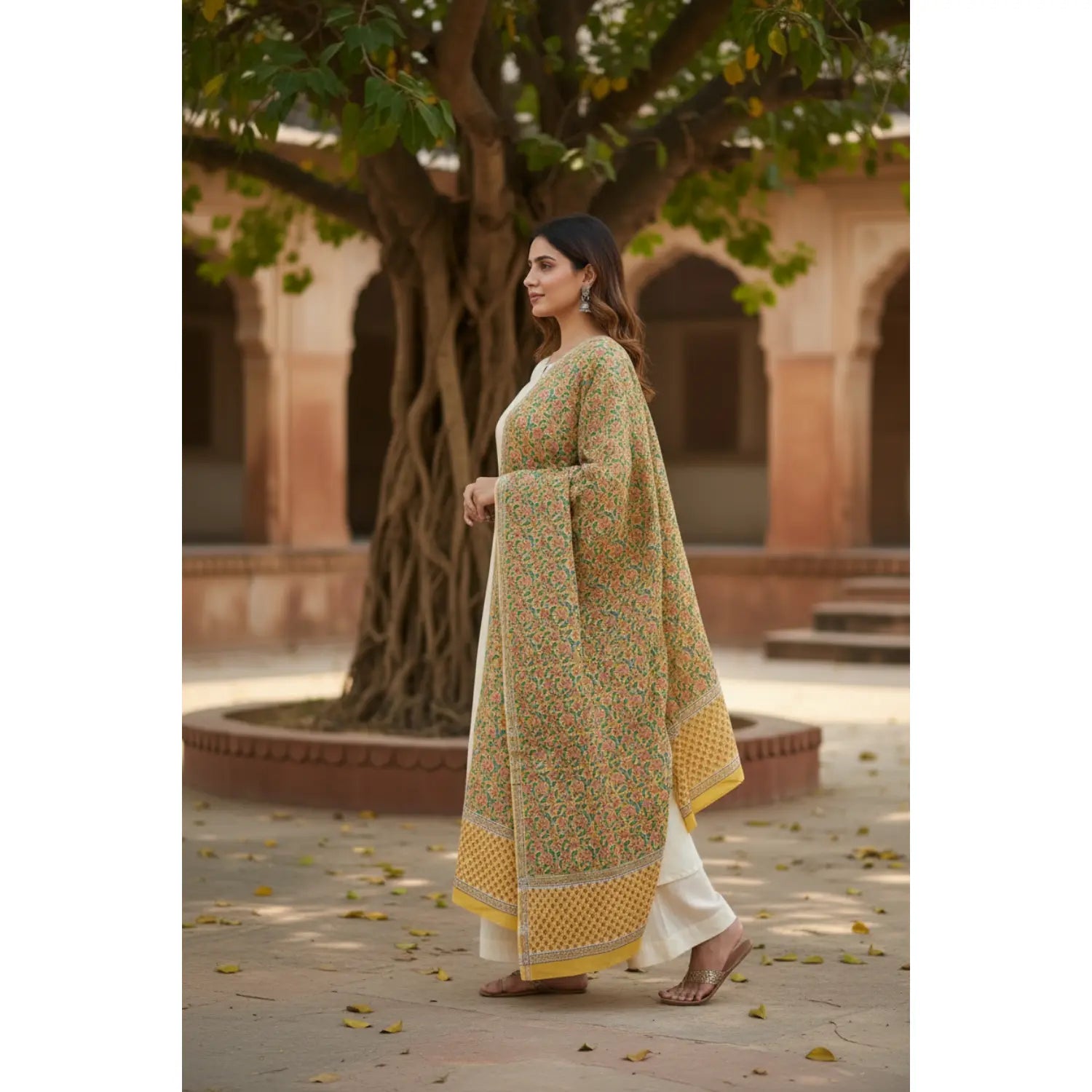 Bagru Hand Block Floral Printed Cotton Mulmul Dupatta