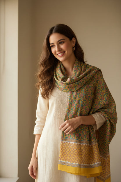 Bagru Hand Block Floral Printed Cotton Mulmul Dupatta
