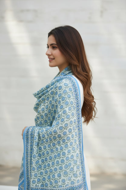 Bagru Hand Block Floral Printed Cotton Mulmul Dupatta