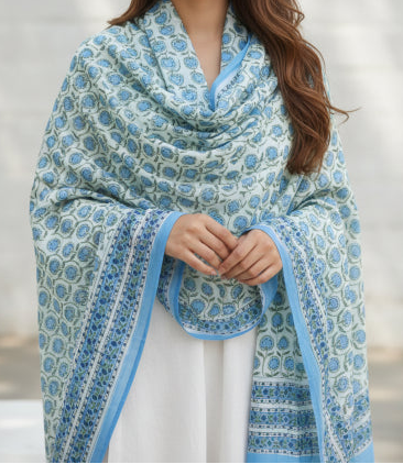 Bagru Hand Block Floral Printed Cotton Mulmul Dupatta