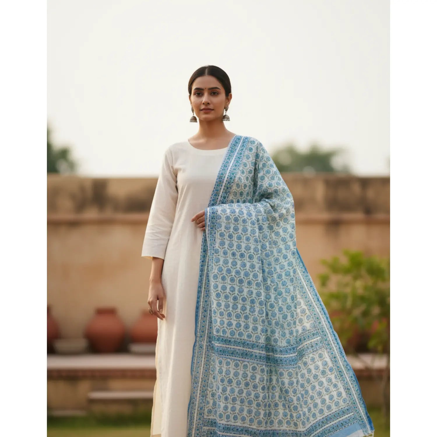 Bagru Hand Block Floral Printed Cotton Mulmul Dupatta