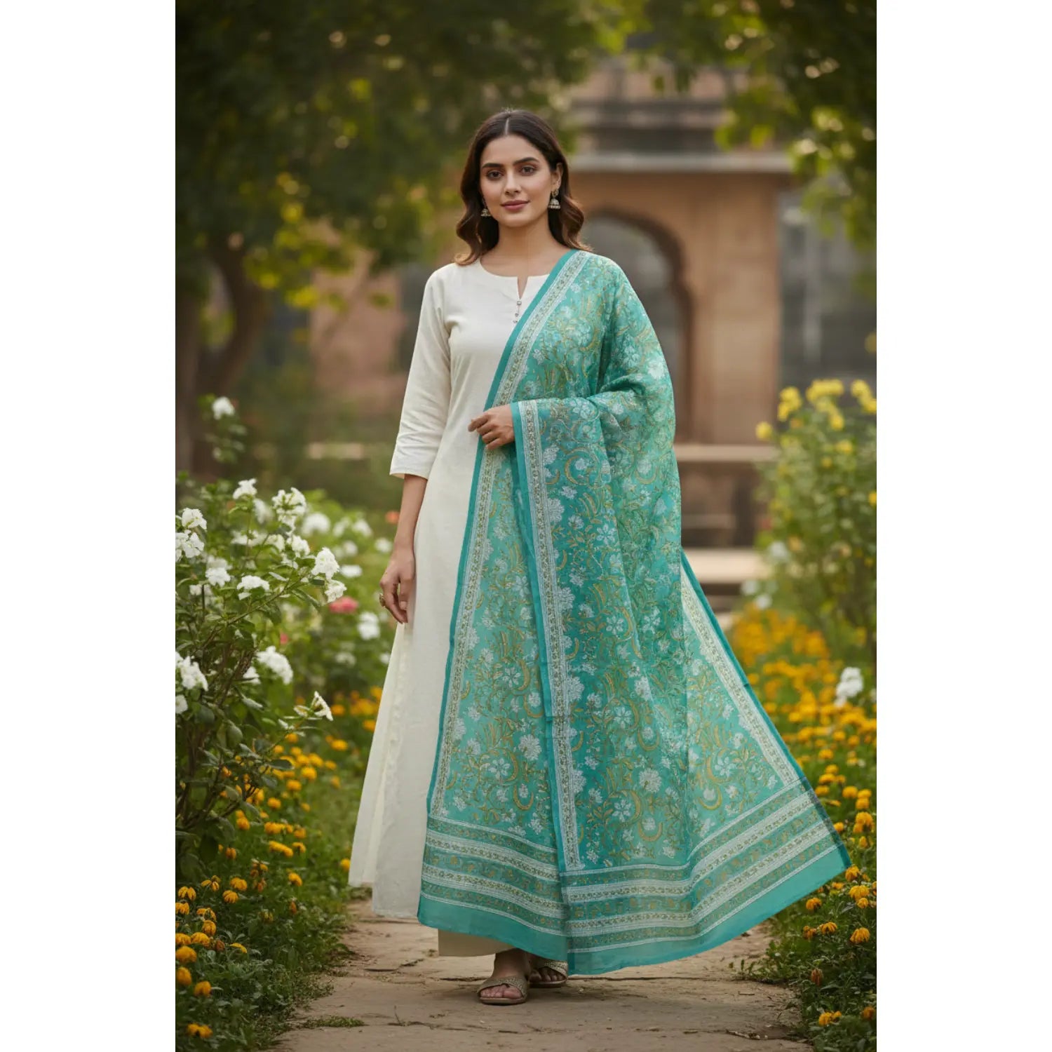 Bagru Hand Block Floral Printed Cotton Mulmul Dupatta