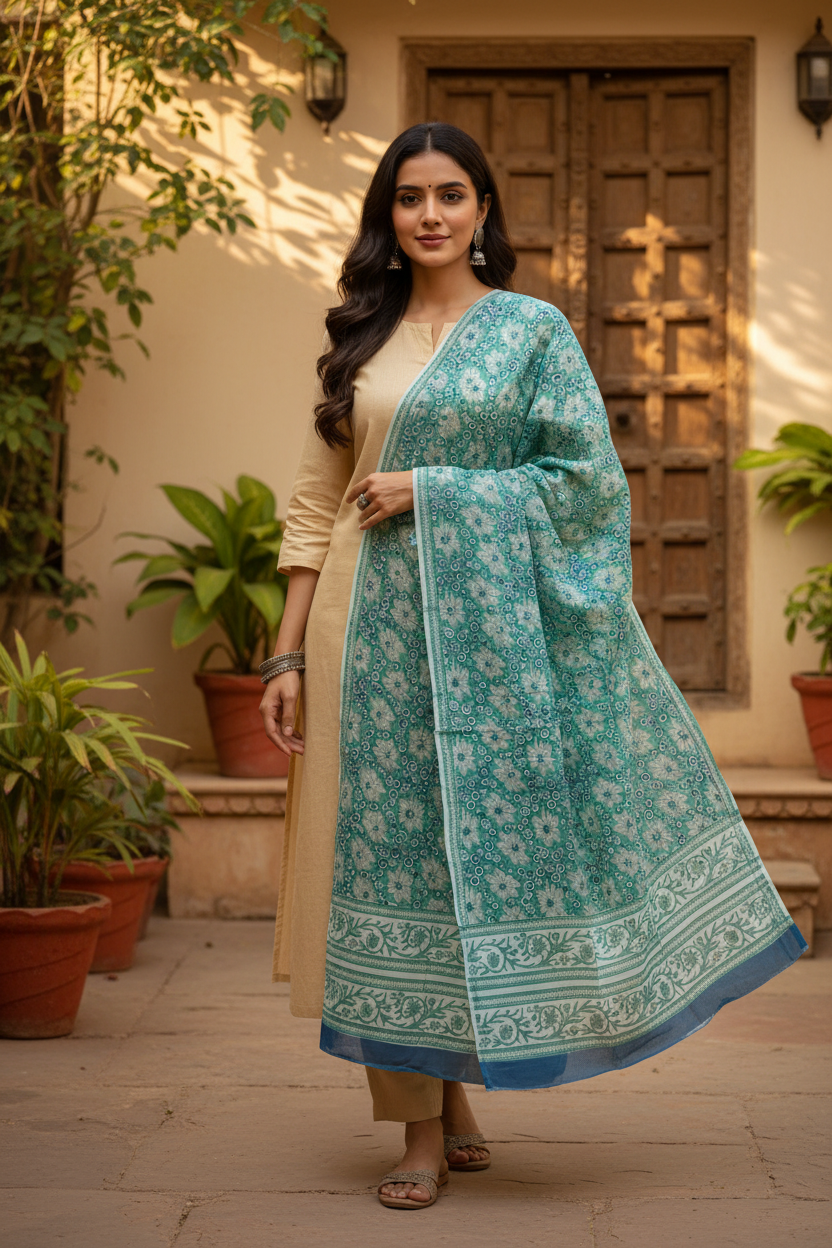 Bagru Hand Block Floral Printed Cotton Mulmul Dupatta