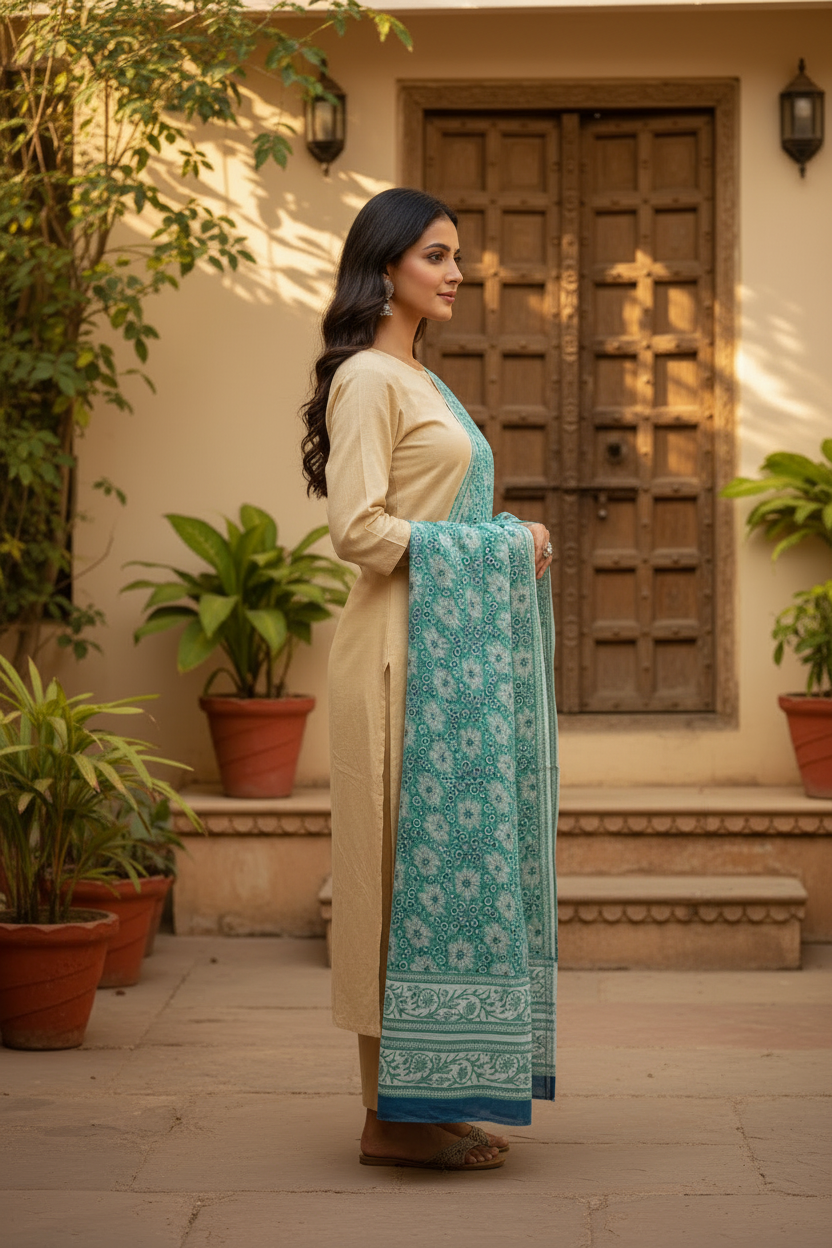 Bagru Hand Block Floral Printed Cotton Mulmul Dupatta