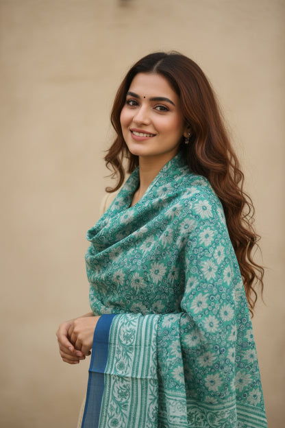 Bagru Hand Block Floral Printed Cotton Mulmul Dupatta