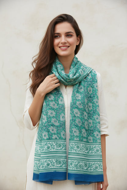 Bagru Hand Block Floral Printed Cotton Mulmul Dupatta
