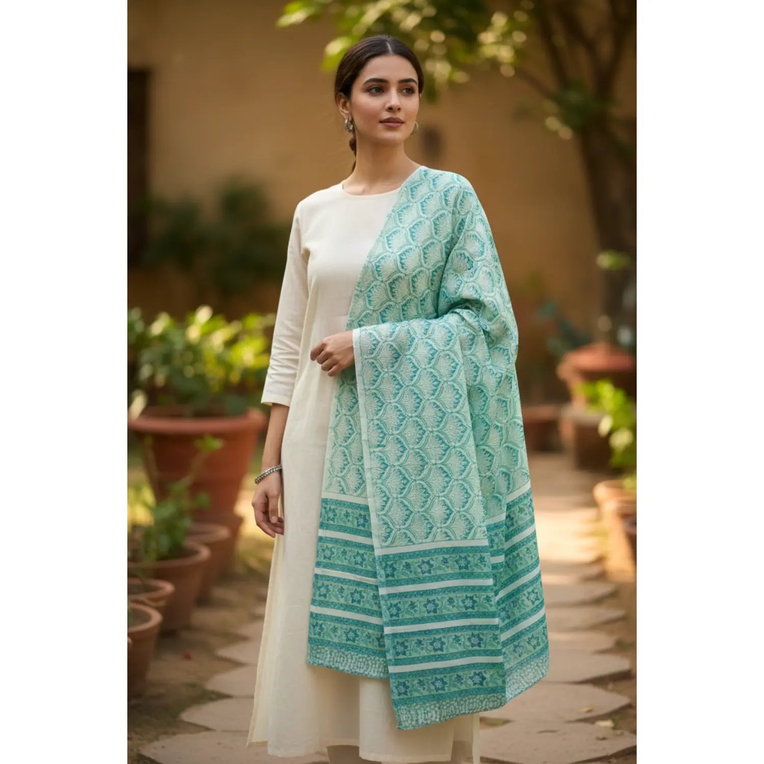 Bagru Hand Block Floral Printed Cotton Mulmul Dupatta