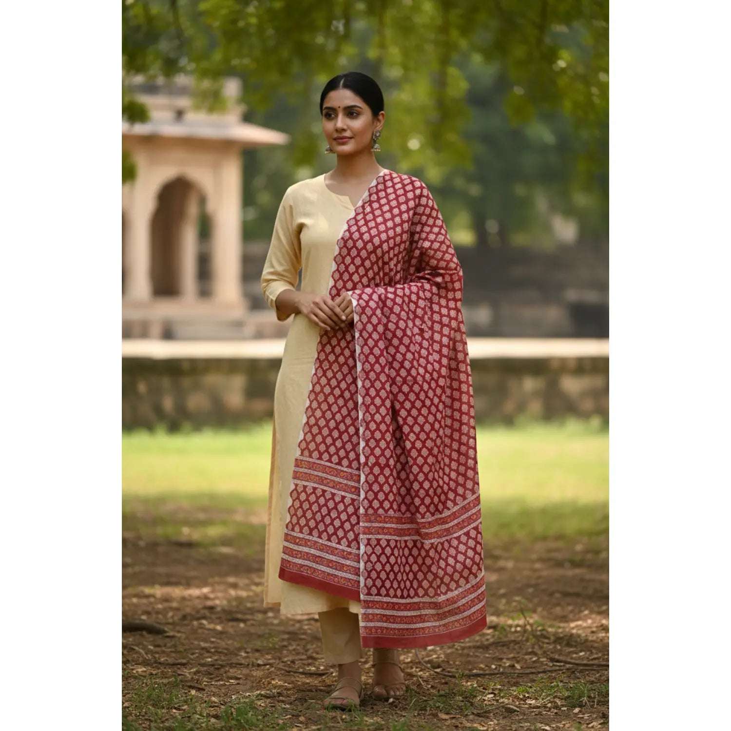 Bagru Hand Block Floral Printed Cotton Mulmul Dupatta