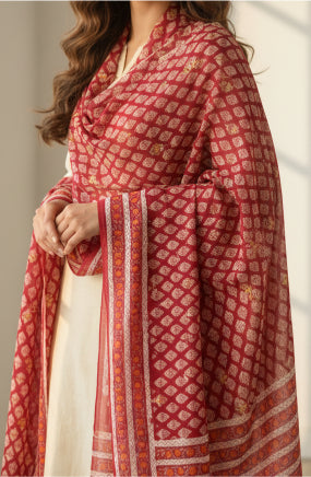 Bagru Hand Block Floral Printed Cotton Mulmul Dupatta