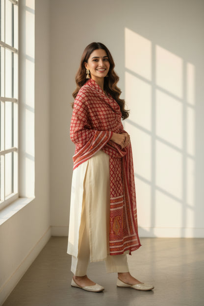 Bagru Hand Block Floral Printed Cotton Mulmul Dupatta