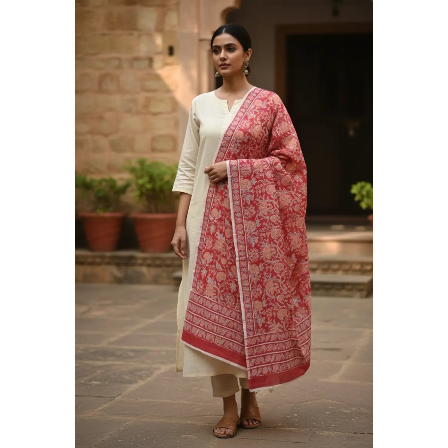 Bagru Hand Block Floral Printed Cotton Mulmul Dupatta