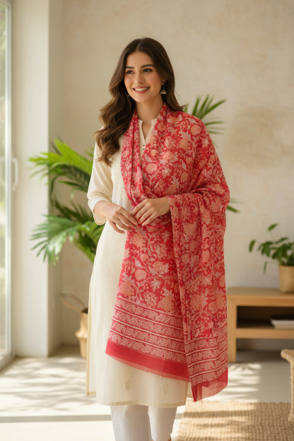 Bagru Hand Block Floral Printed Cotton Mulmul Dupatta