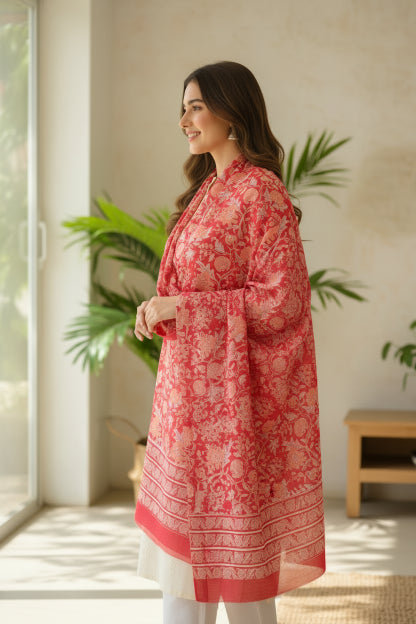 Bagru Hand Block Floral Printed Cotton Mulmul Dupatta