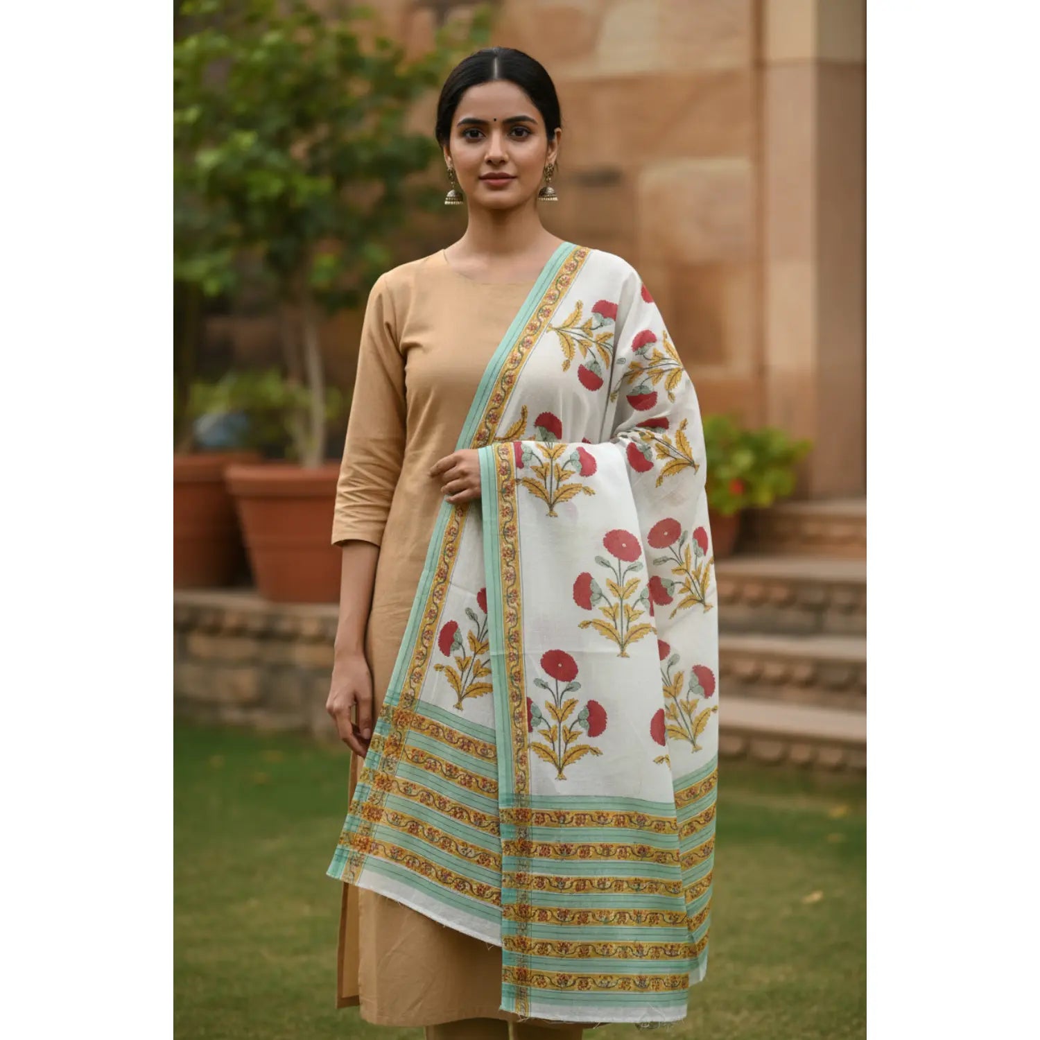Bagru Hand Block Floral Printed Cotton Mulmul Dupatta