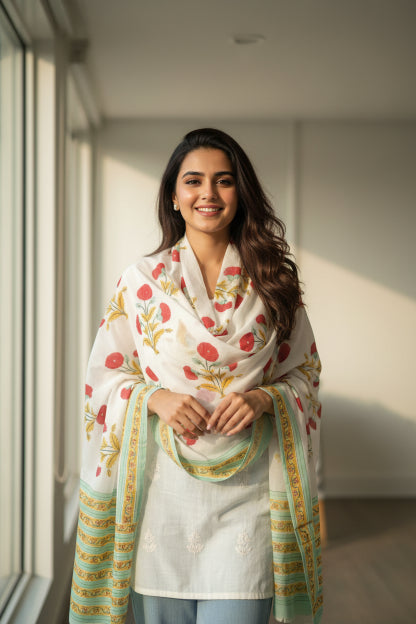 Bagru Hand Block Floral Printed Cotton Mulmul Dupatta