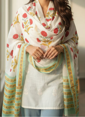 Bagru Hand Block Floral Printed Cotton Mulmul Dupatta