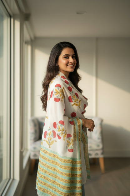 Bagru Hand Block Floral Printed Cotton Mulmul Dupatta