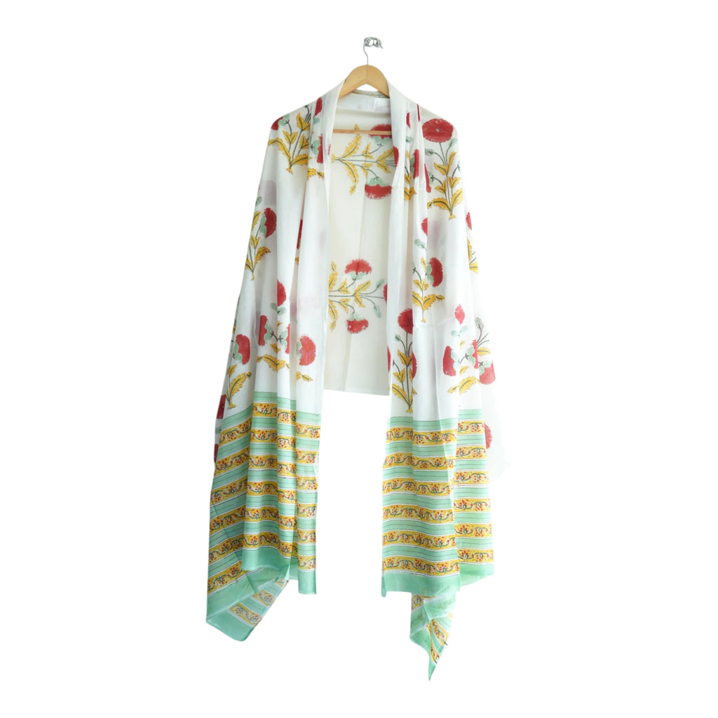 Bagru Hand Block Floral Printed Cotton Mulmul Dupatta