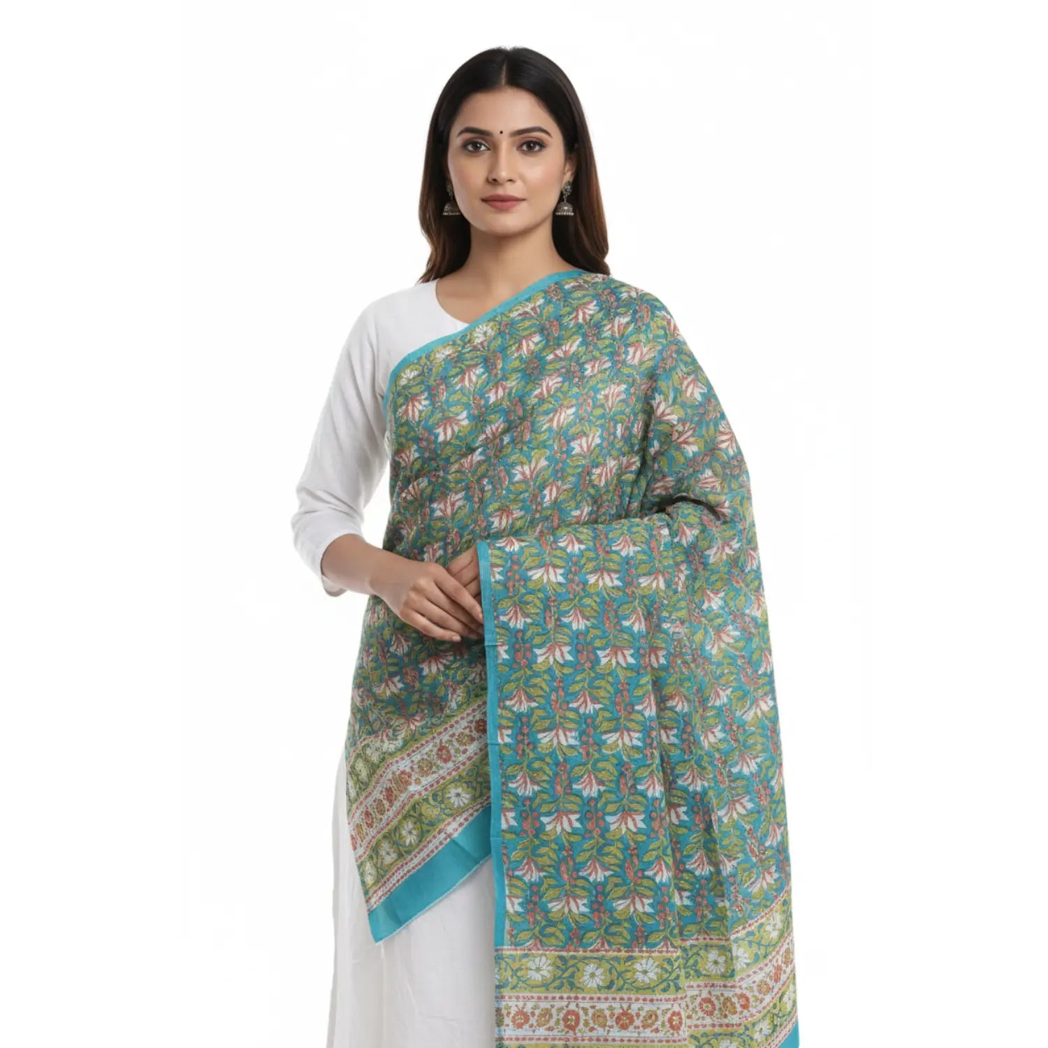 Bagru Hand Block Floral Printed Cotton Mulmul Dupatta
