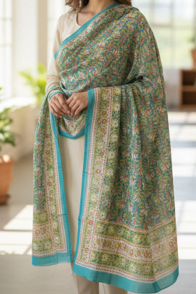 Bagru Hand Block Floral Printed Cotton Mulmul Dupatta