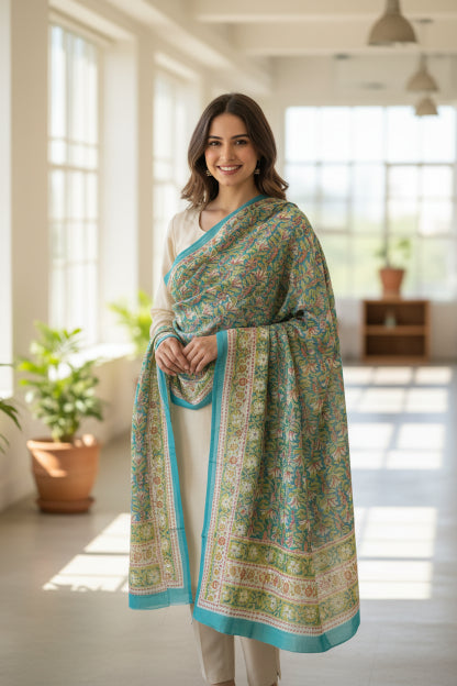 Bagru Hand Block Floral Printed Cotton Mulmul Dupatta