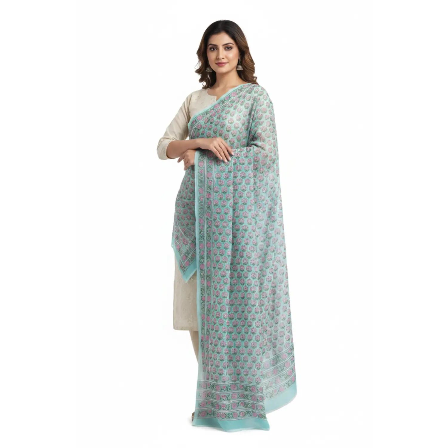 Bagru Hand Block Floral Printed Cotton Mulmul Dupatta