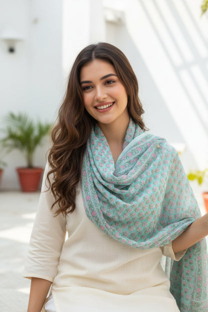 Bagru Hand Block Floral Printed Cotton Mulmul Dupatta