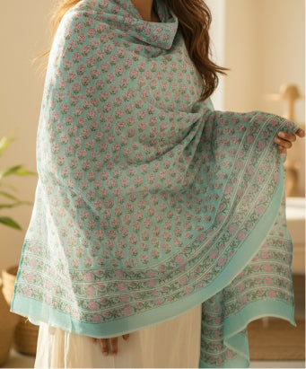Bagru Hand Block Floral Printed Cotton Mulmul Dupatta
