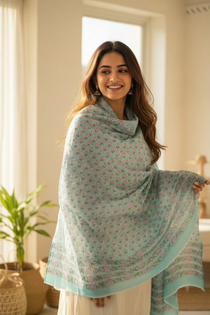 Bagru Hand Block Floral Printed Cotton Mulmul Dupatta