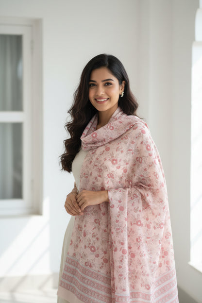 Bagru Hand Block Floral Printed Cotton Mulmul Dupatta