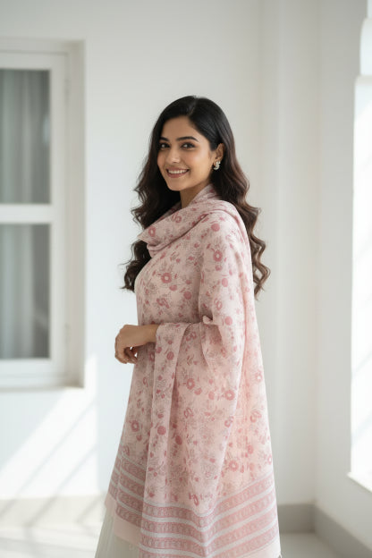 Bagru Hand Block Floral Printed Cotton Mulmul Dupatta