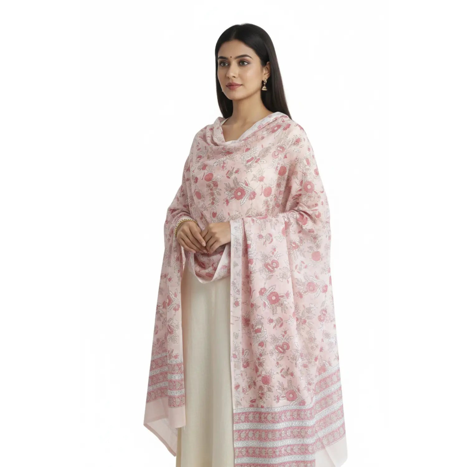 Bagru Hand Block Floral Printed Cotton Mulmul Dupatta