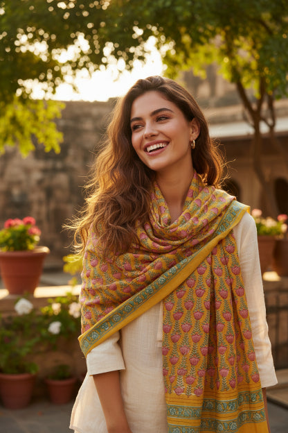 Bagru Hand Block Floral Printed Cotton Mulmul Dupatta