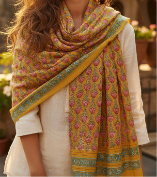 Bagru Hand Block Floral Printed Cotton Mulmul Dupatta