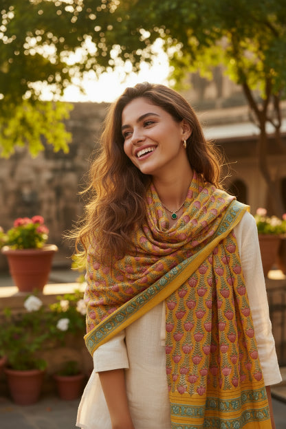 Bagru Hand Block Floral Printed Cotton Mulmul Dupatta