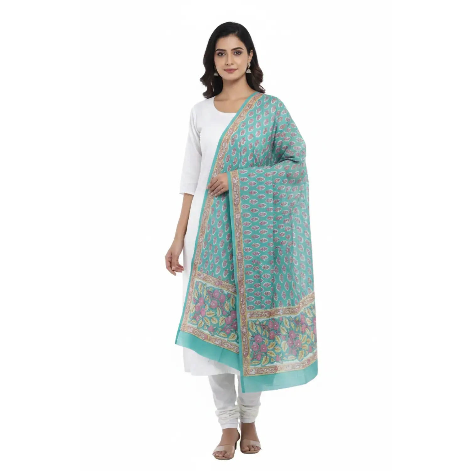 Bagru Hand Block Floral Printed Cotton Mulmul Dupatta