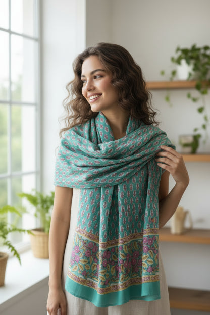 Bagru Hand Block Floral Printed Cotton Mulmul Dupatta